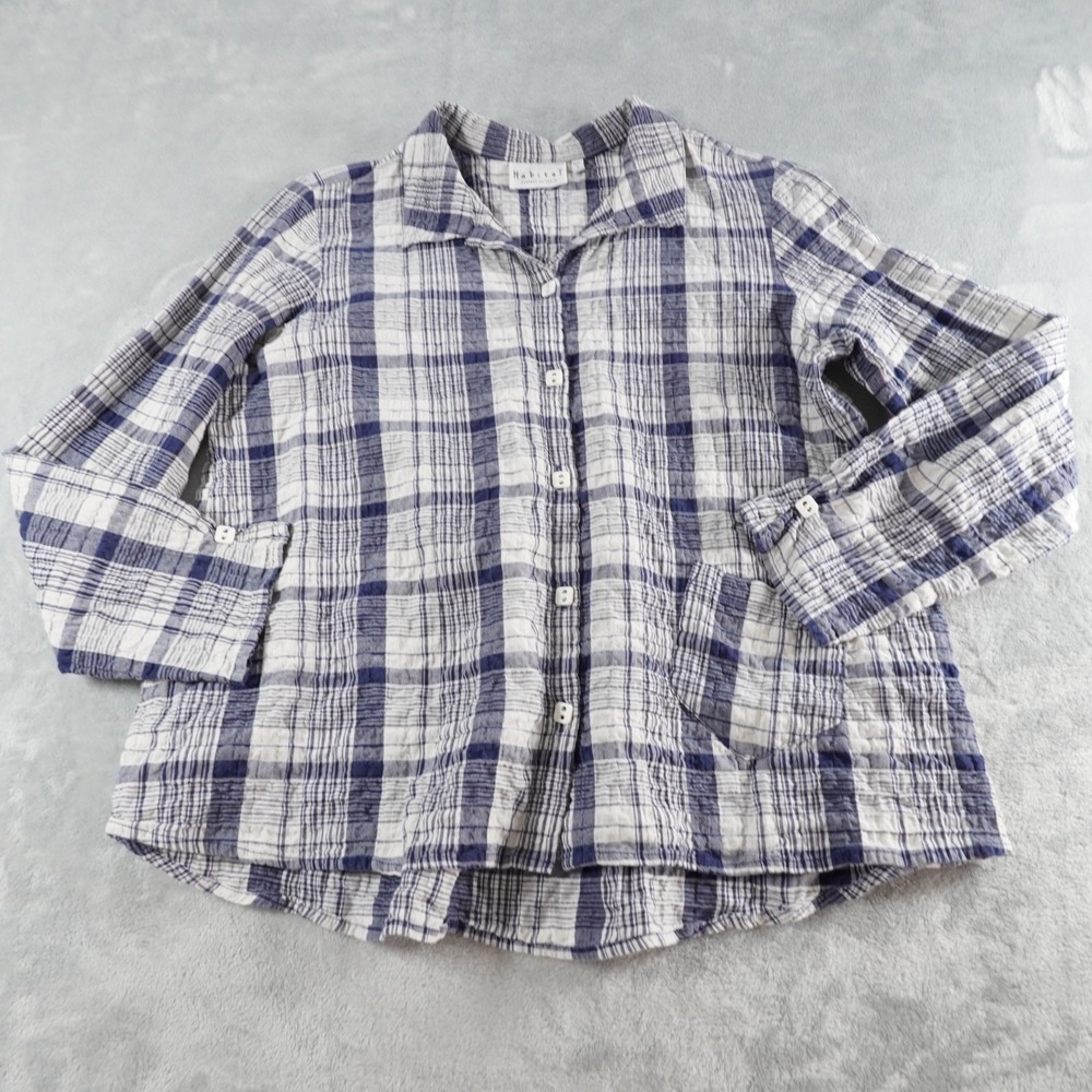 Habitat Plaid Button Up Shirt Women S Blue Crinkle Relaxed Pocket Cotton Stretch - Picture 11 of 13